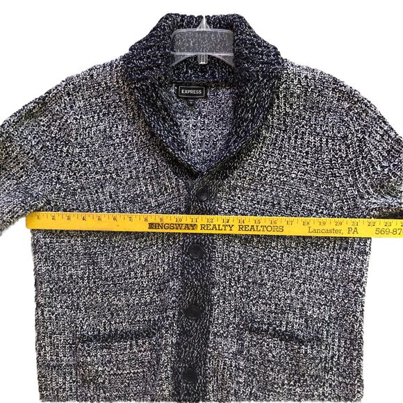 Express Shawl Collar Cardigan Sweater Mens Sz L Navy Marled Chunky Knit Grandpa - Picture 11 of 14